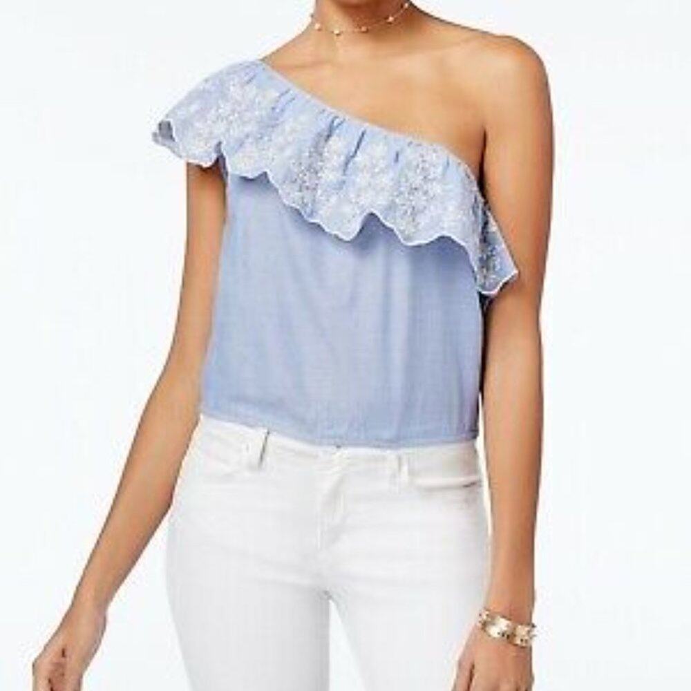 American Rag Blue Heron One Shoulder Ruffled Top M